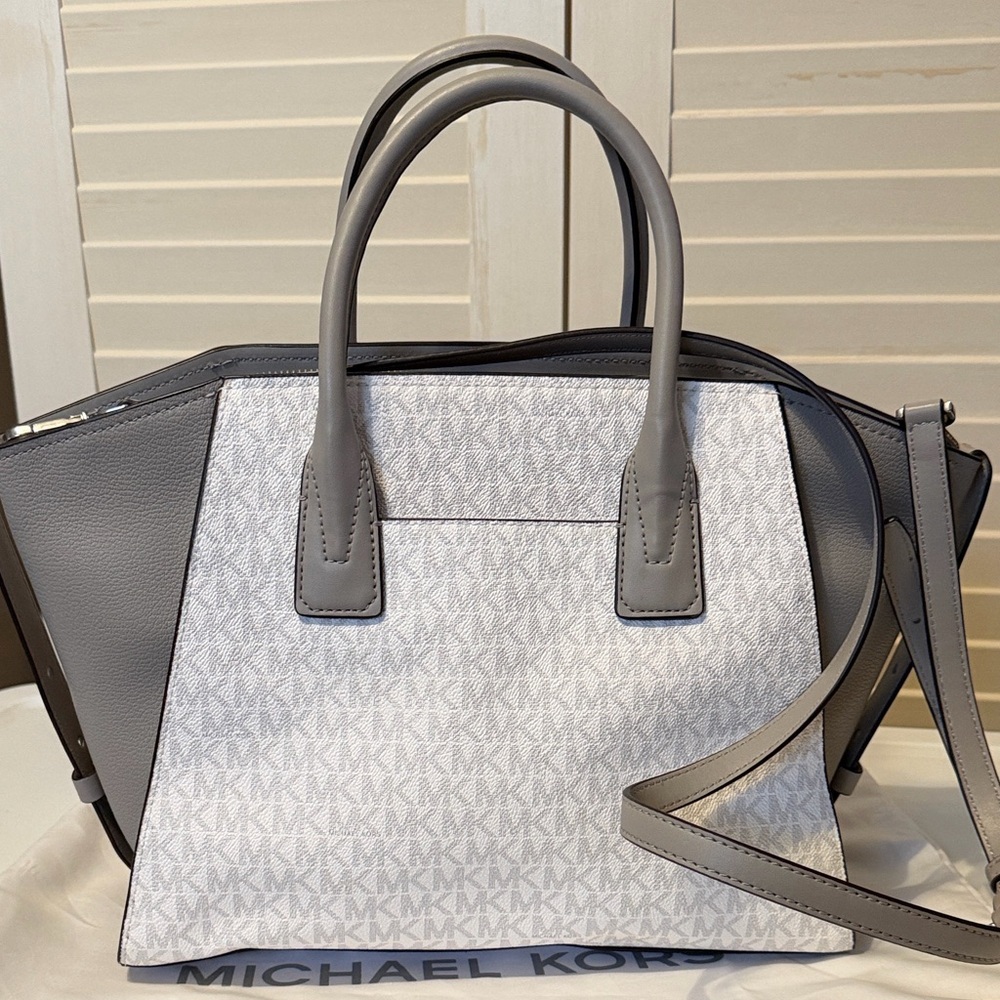 Michael Kors White and Gray Logo-Print Satchel with MK Charm - Picture 4 of 7